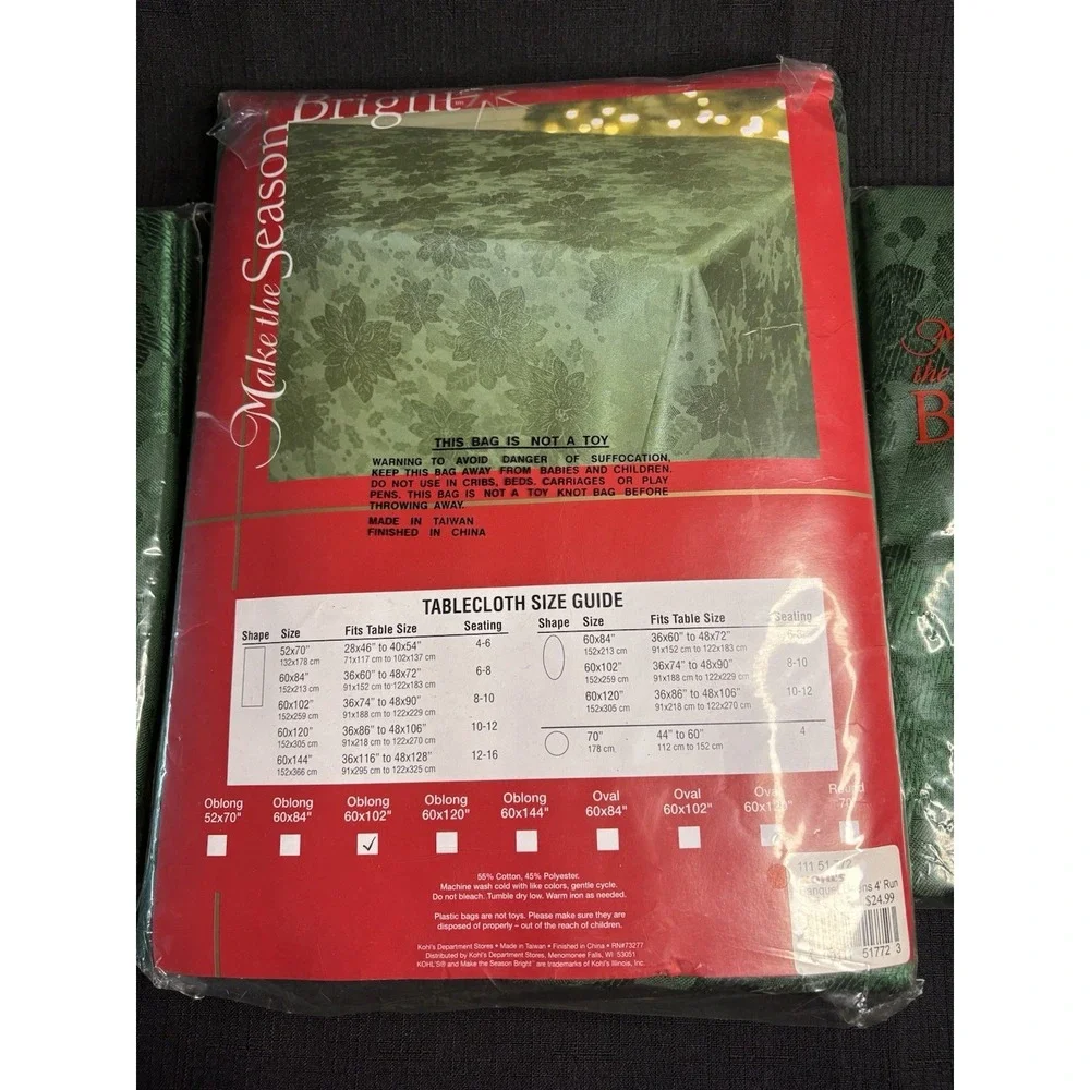 Make The Season Bright Green Christmas Tablecloth 60x102 Oblong & Napkins Set